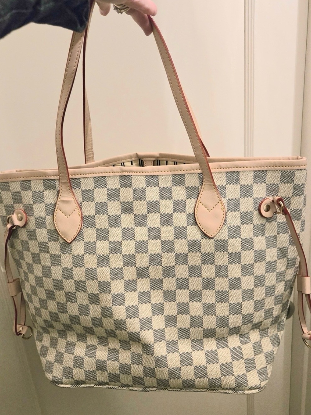 Checker Canvas Tote in Light Gray and Cream